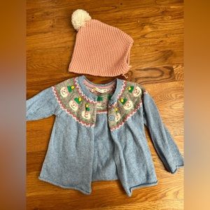 Mini Boden Snowman sweater 6-12 month and hat 2-4 yr